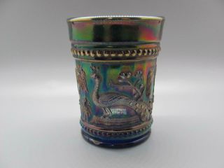 Northwood Carnival Glass Peacock At The Fountain Tumbler - Cobalt Blue