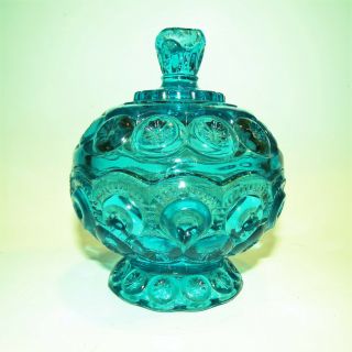 Vintage L.  E.  Smith Aqua Moon & Stars Covered Candy Dish.  Small Chip On Lid Top.
