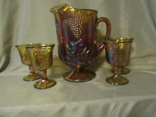 Indiana Amber Gold Carnival Glass Harvest Grape Pitcher And Four Goblets 60 
