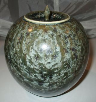 Crystalline Studio Art Pottery 5 1/2 " Tall Lidded Vase,  Grayish/blue Rust Colors