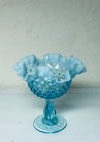 Vintage Fenton Art Glass Blue Opalescent Hobnail Candy/dessert/compote Dish