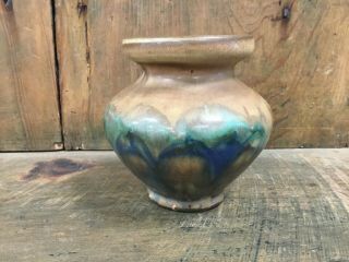 Vintage Peters And Reed Landsun Vase 3 3/8 Inch Tall Blue And Green Flames