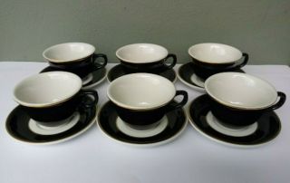 Jackson China - 6 Vintage Restaurant Ware Cups & Saucers - Black W/ Gold Trim