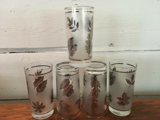 Set Of 5 Vintage Libbey Silver Leaf Frosted Drinking Glasses 5 1/2 " Tumblers