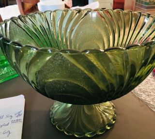 Vintage Forest Green Glass Pedestal Bowl With Swirl And Textured Design