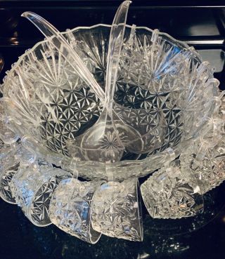 Vintage Glass Punch Bowl Set Anchor Hocking Arlington Clear Clear With Design