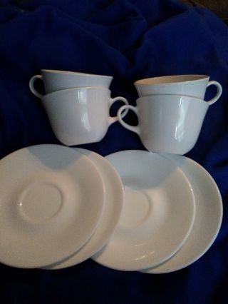 Set Of 4 Corelle Livingware Corning White Coffee Cups And 4 Saucers.