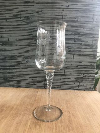 Antique Romanian Crystal Wine Glass Etched Flowers Twisted Stem Tulip Shaped