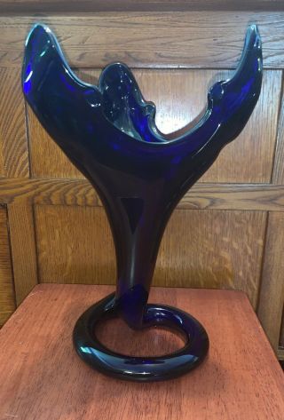 Gorgeous Hand Blown Stretched Art Cobalt Blue Swirl Glass Vase 11 1/2 In