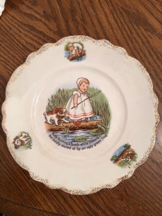 Vintage Buffalo China Child’s Plate 7 1/2” Old Read Inscription Puppies Frogs