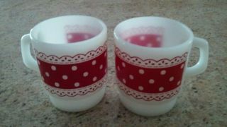 2 Vtg Anchor Hocking Fire King Red White Polka Dot Milk Glass Coffee Mugs Cups