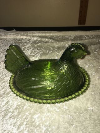 Vintage Green Indiana Glass Hen On Nest Covered Candy Dish Beaded Edge Chicken