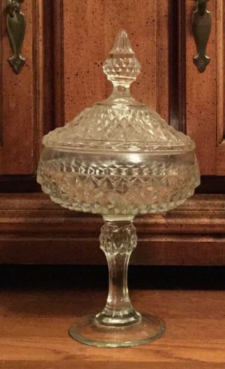 Vintage Indiana Glass Diamond Point Clear Pedestal Candy Dish Bowl Compote