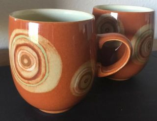 2 Vintage Denby Fire Chilli Orange And Rust Circles Glazed Stoneware 10 Oz Mugs