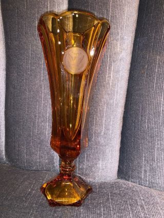 Vintage Amber Fostoria Coin Glass Bud Vase Frosted Medallions 8 " Tall (ag145)