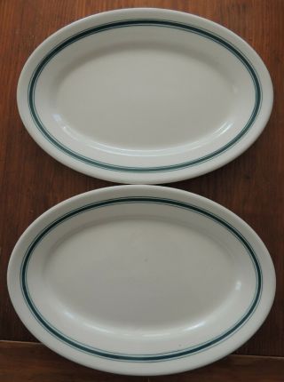 2 Sterling China Oval Grill Plates Green Stripe Restaurant Ware 11 1/2 " X 8 "