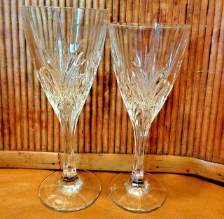 2 Lead Crystal Wine Glasses With Fan Pattern / 6 Sided Stems / Maker Unknown
