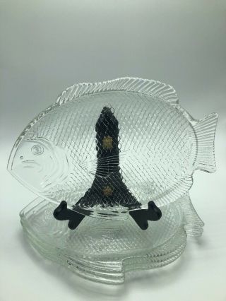 Set Of 4 Poisson Fish Clear Glass Plates Oven Proof U.  S.  A.