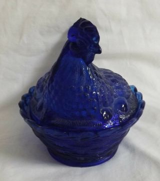 Vintage Cobalt Blue Glass Hen Chicken on Nest 2