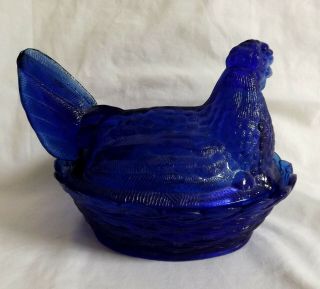 Vintage Cobalt Blue Glass Hen Chicken on Nest 3