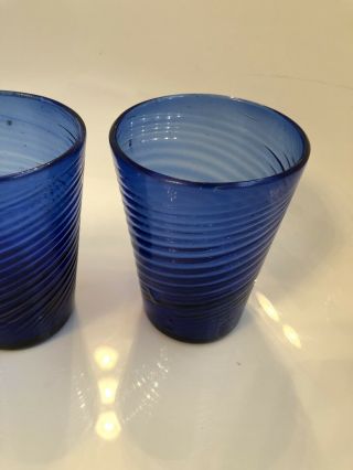 4 Vintage Hand - Blown Swirl Cobalt Blue Drinking Glasses