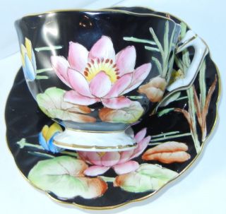 Aynsley Black With Lily Pad Flowers Footed Cup & Saucer Gold Trim 765788 H308