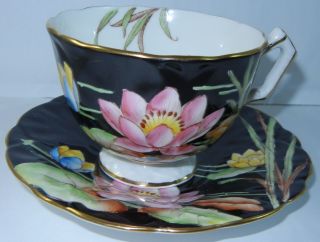 Aynsley Black with Lily Pad Flowers FOOTED CUP & SAUCER GOLD TRIM 765788 h308 2