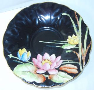 Aynsley Black with Lily Pad Flowers FOOTED CUP & SAUCER GOLD TRIM 765788 h308 4