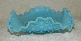 Blue Opalescent Glass Hobnail Dish / Candy Bowl W/ Ruffled Edge; Fenton ?
