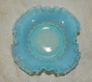 Blue Opalescent Glass Hobnail Dish / Candy Bowl w/ Ruffled Edge; Fenton ? 2