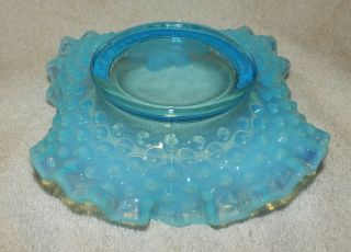 Blue Opalescent Glass Hobnail Dish / Candy Bowl w/ Ruffled Edge; Fenton ? 3