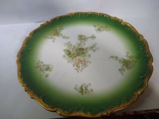 Antique T&v France Depose Green Ground Floral Porcelain Platter 12 " Gold Trim
