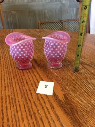 Fenton Vintage 1940’s Cranberry Pink Hobnail Milk Glass (2) Vases