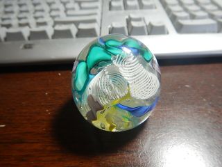 Heavy Solid Glass Paper Weight Multi Color Swirls White Polished Base Old Estate