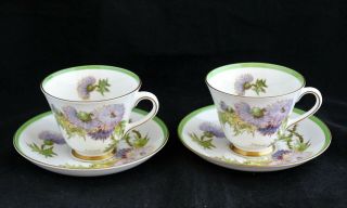 Vintage Set 2 Royal Doulton Bone China Glamis Thistle H.  4601 Tea Cups & Saucers