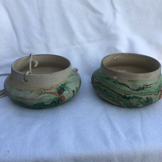 2 Vintage Nemadji Hanging Swirl Pottery Planters Rustic Pots