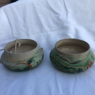 2 Vintage Nemadji Hanging Swirl Pottery Planters Rustic Pots 2