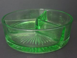 Vaseline Green Depression Glass 3 Part Divided Candy Relish Nut Dish