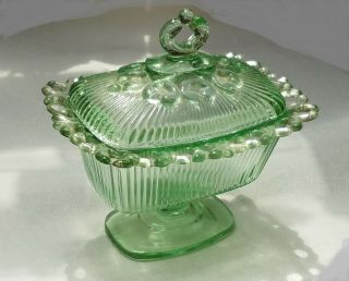 Vintage Rare Green Indiana Glass Candy Dish Lid Pedestal Lace Ribbed