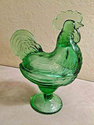 Vintage Westmoreland Imperial Standing Rooster Chicken Candy Dish Green Glass