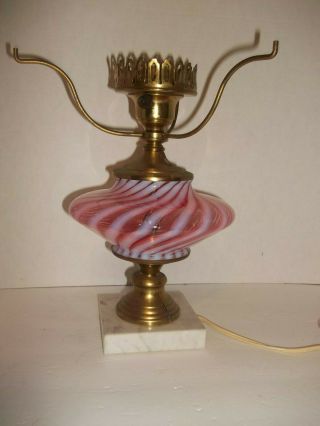 Antique Fenton Cranberry Opalescent Swirl Glass Lamp Base Brass Marble As Found