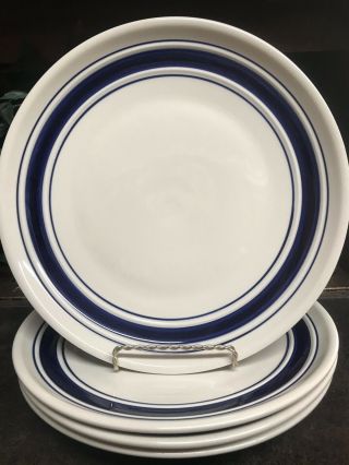 Set Of 4 Tienshan Country Crock Stoneware Dinner Plates Blue Band Trim 10.  75”