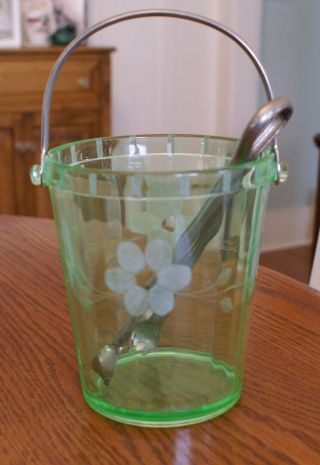 Green Etched Depression Glass Ice Bucket With Metal Handle And Tongs