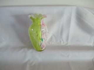 Art Deco Glass Scallop/indents Yellow And Pink Splatter Glass Vase 7 " High