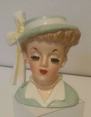 Vintage Napco Lady Head Vase - Pearl Necklace,  Earrings - Green Dress,  Hat,  Bow