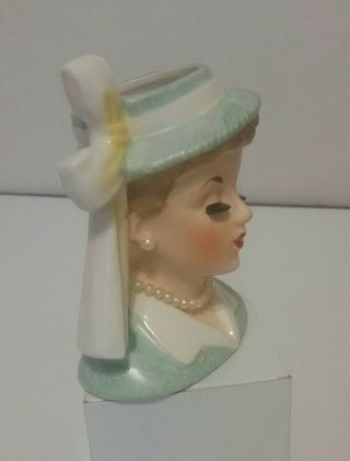 VINTAGE NAPCO LADY HEAD VASE - PEARL NECKLACE,  EARRINGS - GREEN DRESS,  HAT,  BOW 5