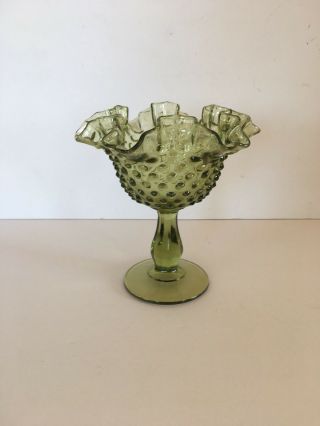 Fenton Hobnail - Green (colonial Green) Double Crimped Pedestal Vase Or Bowl