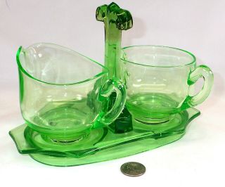 Cambridge Glass Green Vaseline Depression Glass Tray Sugar And Creamer Set
