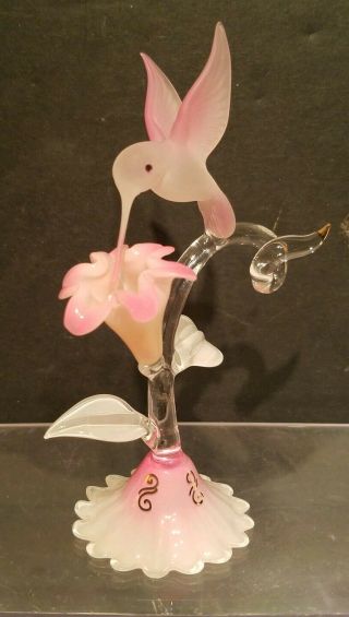 Vintage Hand Blown Art Glass Hummingbird And Flower.  Nr