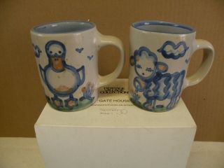 M A Hadley Vintage Stoneware Lamb And Duck Coffee Mugs Signed
